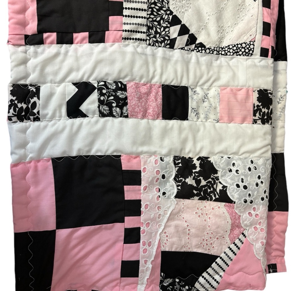 Baby or lap quilt. 36”x39” approx. pink white black and lace - Picture 6 of 14